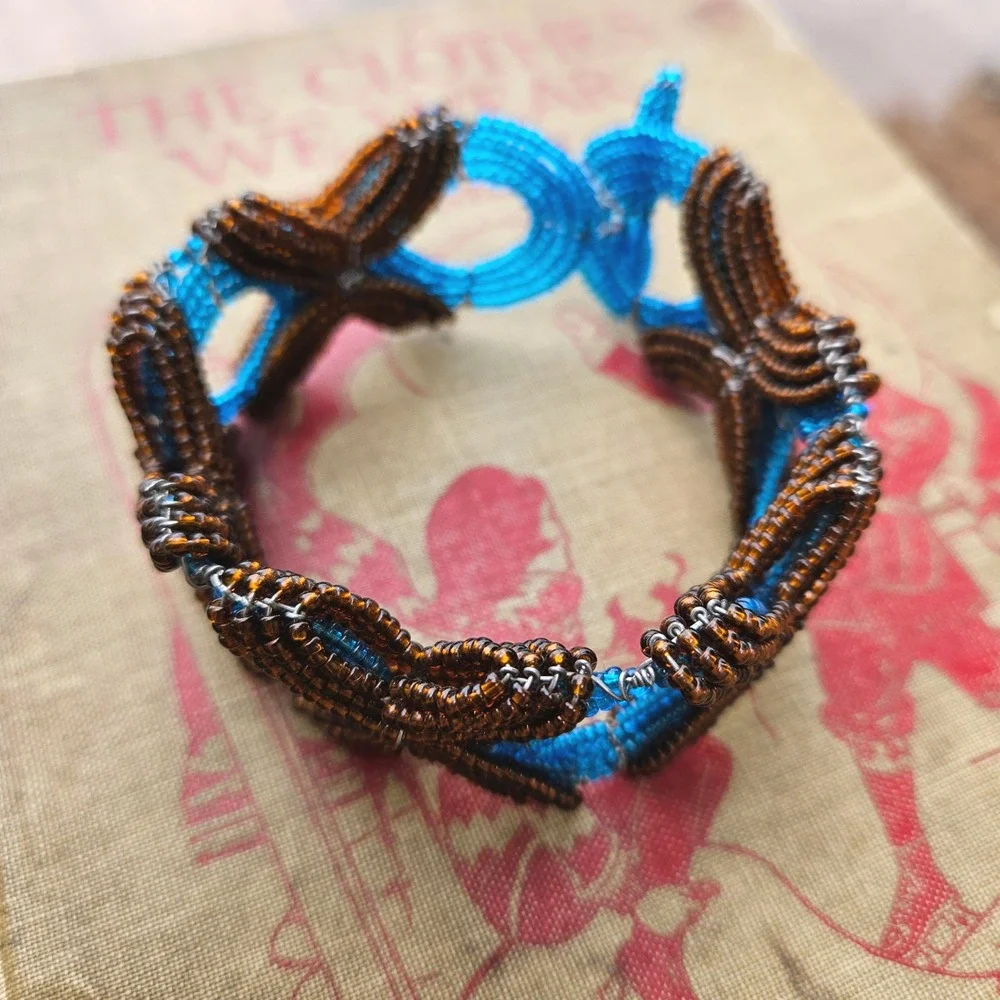 Handmade Beaded Wire Bracelet Brown Blue Geometric Statement Bangle